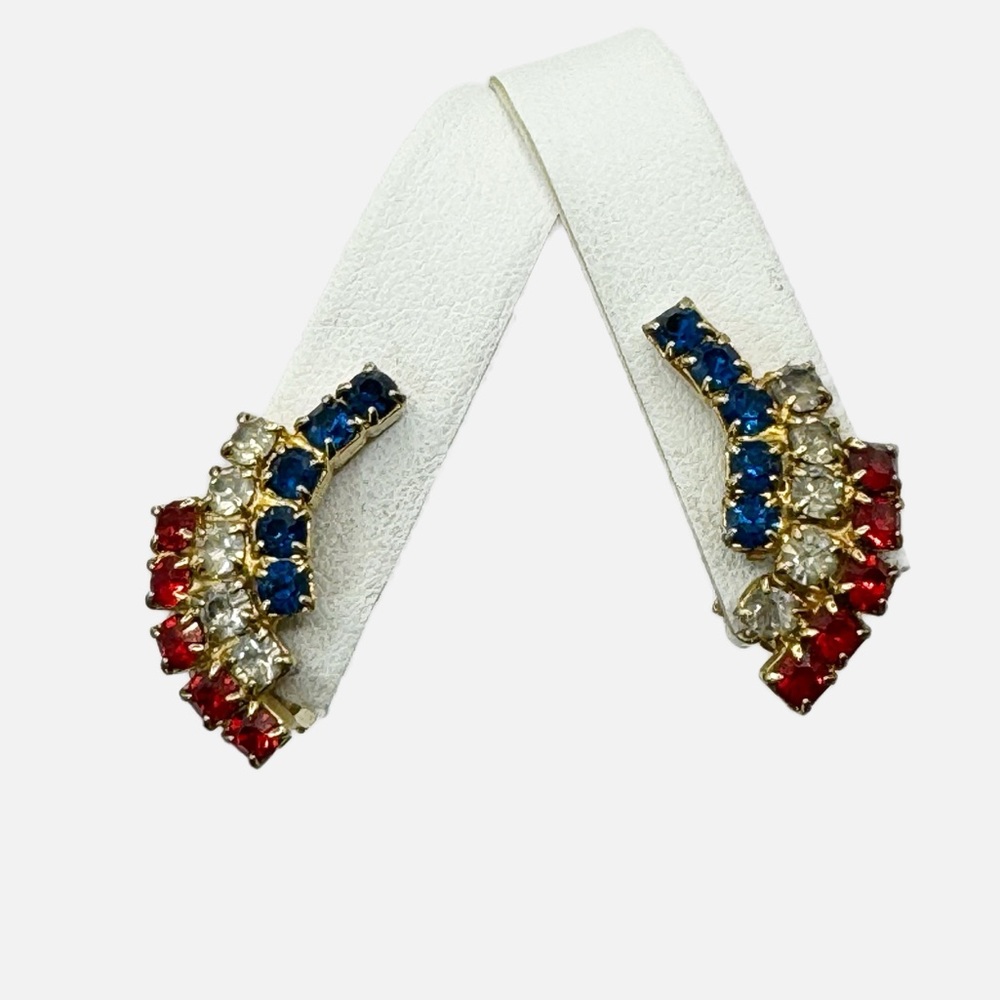 Vintage red white and blue patriotic prong set rhinestone clip on earrings